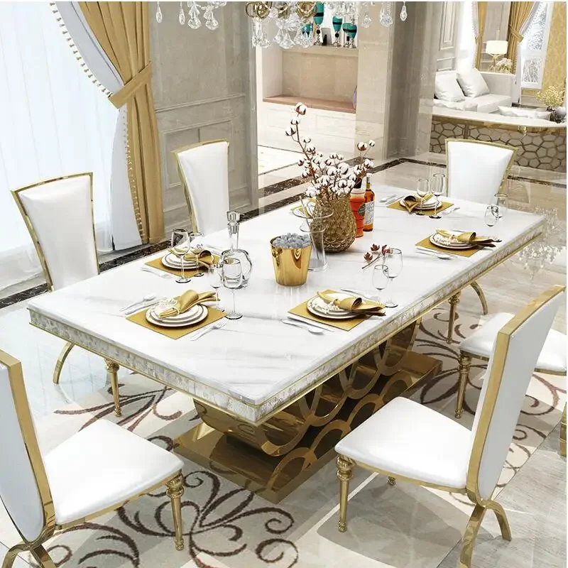 

Post Modern Marble Dining Table Sets Chairs Combination Stainless Steel Apartment Golden Carved Mesa Comedor Home Furniture WK