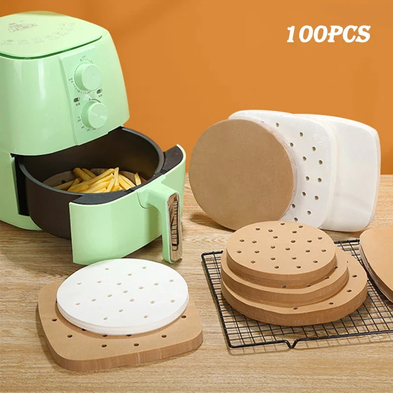 Air Fryer Paper 100 Pcs Air Fryer Paper Special for Baking Kitchen Food Oil-proof Double-sided Silicone Oil Paper Non-Stick Steamer Pad Mat