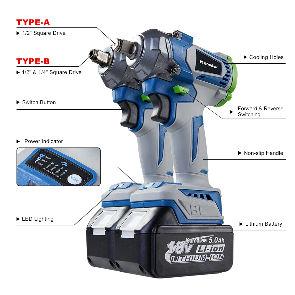Kamolee Torque Brushless Electric Impact Wrench 1/2 1/4