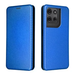 Leather Wallet Book Case with Magnetic Closure and Carbon Fiber Flip Cover - Moto G55 (Blue)