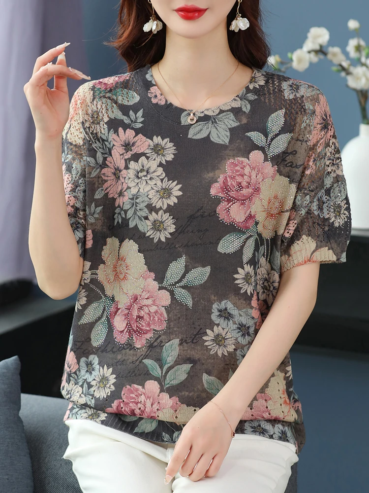 

Женская трикотажная футболка с цветочным принтом, Свободный пуловер с вырезами, Y2K, Летний сезон 2024