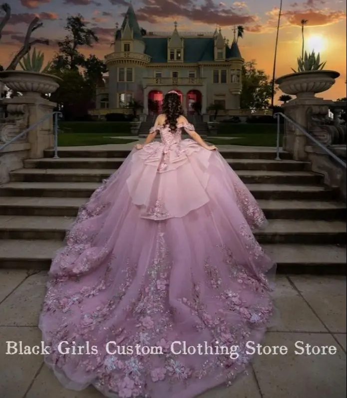 Princess Pink 15 Quinceanera Luxury Strapless Poncho 3D Floral Applique Corset Chapel Train Mexico vestido xv a&ntilde;os Custom