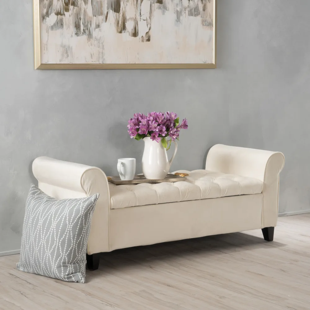 

Storage Bench Ottoman, 50" Velvet End of Bed Bench with Armrest, Footstool, Footrest for Bedroom, Living Room, Entryway