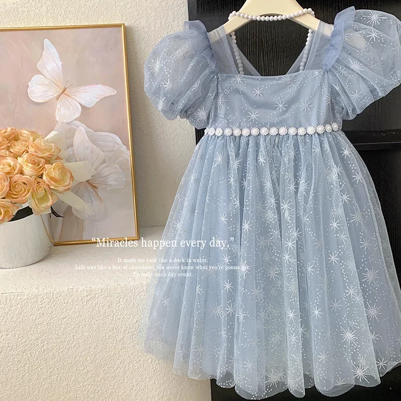 Girls Casual Dresses Summer Dress for Girls Children's Ethereal Puff-Sleeve Tulle Princess Dress Kids Clothes - 4