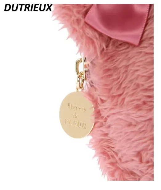 Sweet Cute Japanese Style Fashion New Makeup Pouch Pink Bear Head Plush Hand-Carrying Bag Female Fashion Handbags for Women