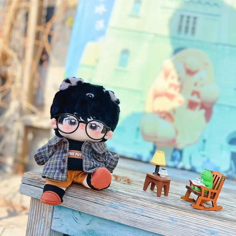 

Handmade 5pc 20/15cm Plush Doll's Clothes Cool Suit Black Sweater Grid Coat Shorts Glasses Shoes Dolls Accessories Outfit
