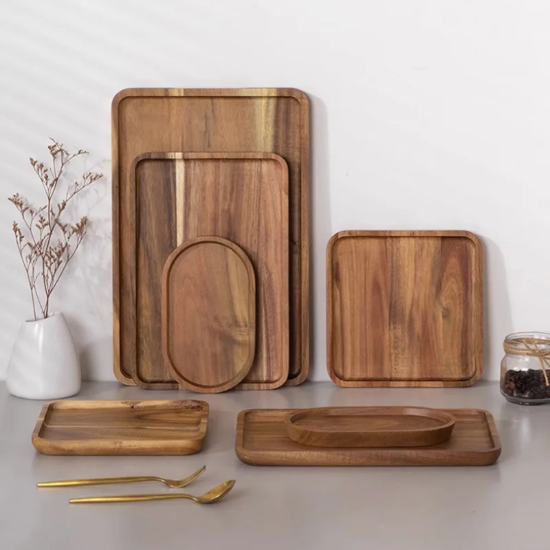 Set of Solid Acacia Wood Serving Trays Rectangular Wooden