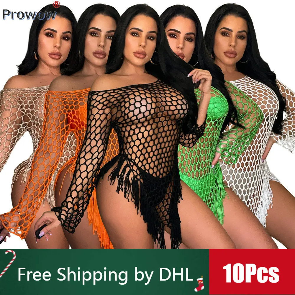 

10 Pcs Bulk Beach Dresses Women Summer 2023 Y2k Hand Crochet Tassel Long Sleeve Dress Sexy Mesh See-through Skirt Wholesale 9714