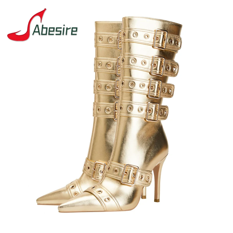 

Gold Belt Buckle Women's Long Boots Fashion Pointed Toe Thin High Heels Knee High Booties Fashion Sexy Dress Shoes Large Size