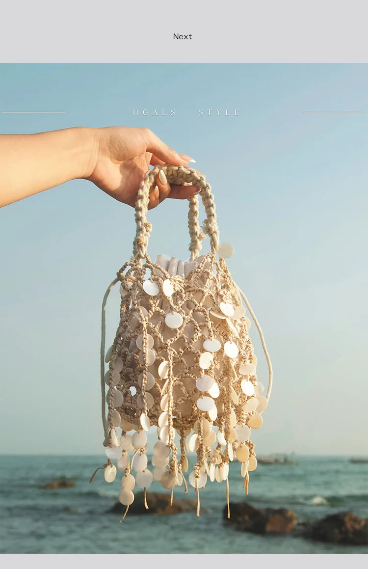 Women's Beach Woven Handbag Handmade Shell Fishing Net Weaving Shoulder Bag for Travel Vacation Ladies Clutches
