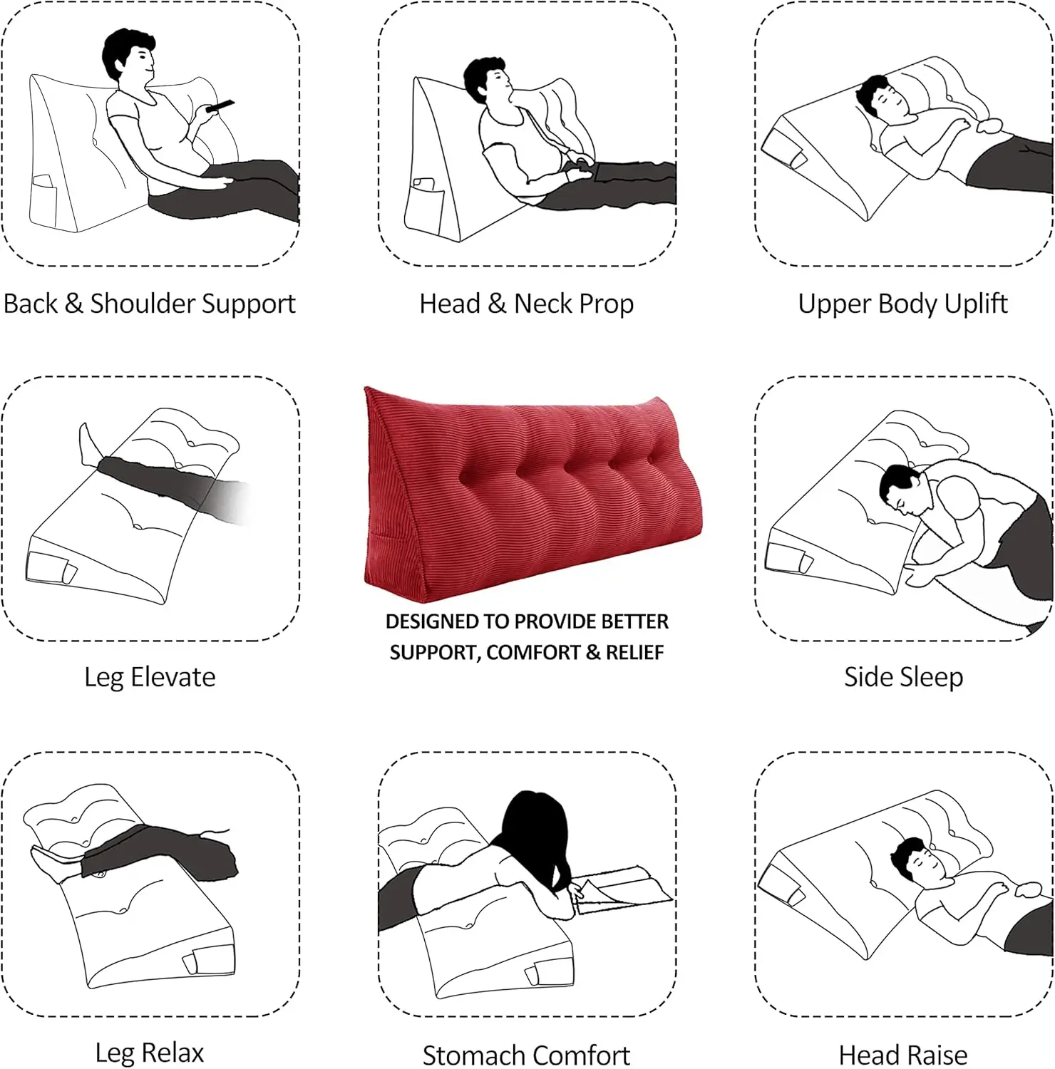 Headboard Wedge Pillow Triangular Bolster Pillows Backrest Bedrest Reading Pillow Lumbar Positioning Upholstered (Red,King)