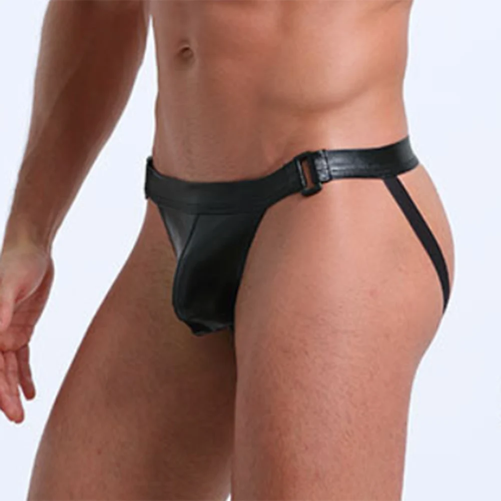 

Sexy Men Faux Leather Thong Low Waist Pouch Briefs Open Crotch Bikini Underwear Wet Look Smooth Lingerie Solid Erotic G-string