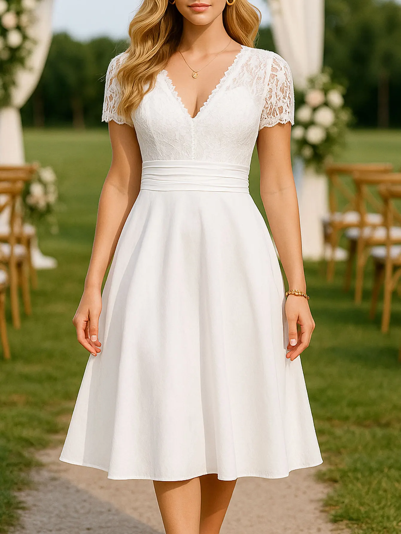Damen Vintage Blumen-Spitzenkleid mit V-Ausschnitt und Kurzen Ärmeln für Sommer, Cocktail, Abendparty, Einfarbiges Midi-Kleid im Fit-and-Flare-Stil mit A-Linie