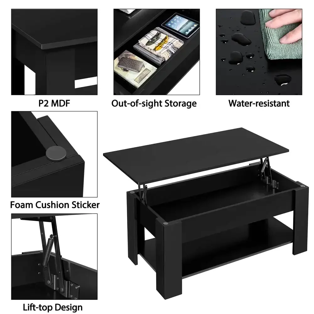 Modern 39in Lift Top Coffee Table with Hidden Compartment & Storage for Livingroom, Black 5