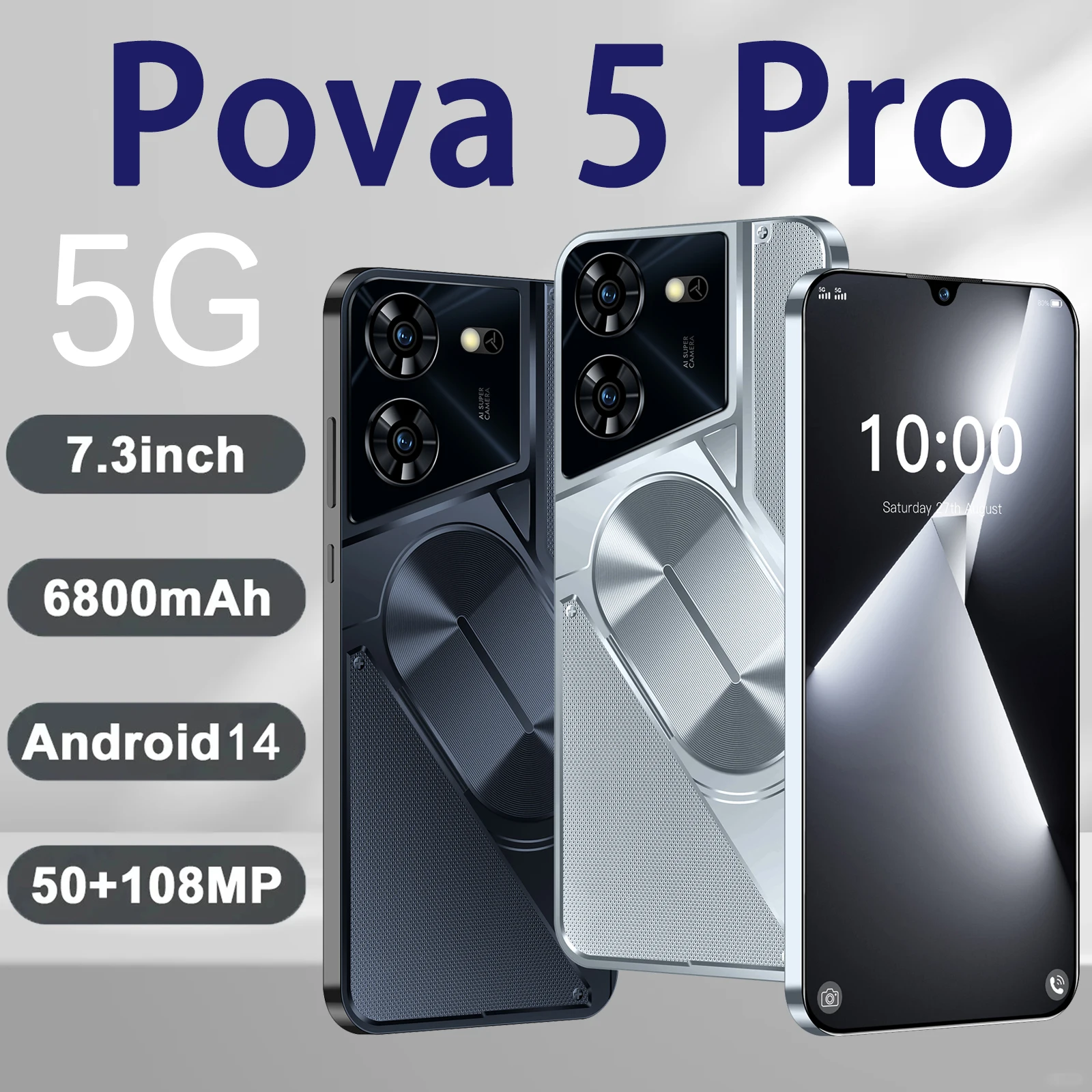 Pova 5 טלפון חכם פרו גרסה גלובלית 16gb 1tb 7.3 אנדרואיד מסך HD 14 6800mah 5g משחקי טלפון סלולה כפול sim image_0