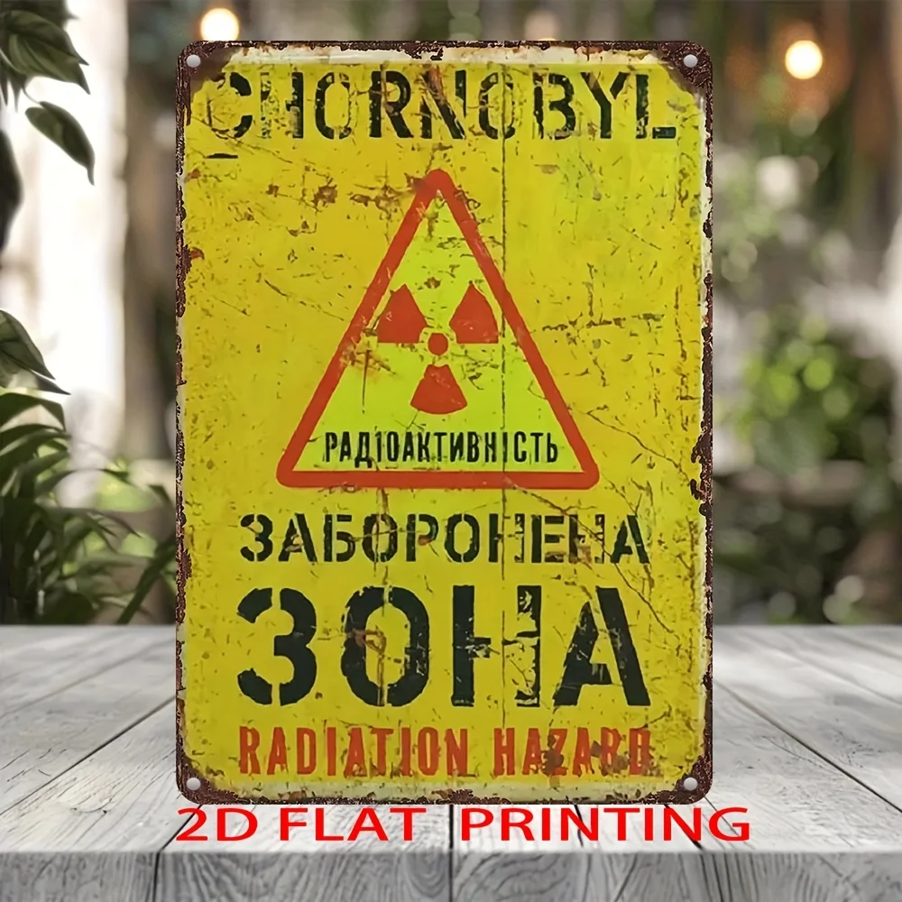 Vintage Radiation Hazard Iron Sign Retro Wall Art with English & Russian Text UV Printed Metal Plaque For Home Garden