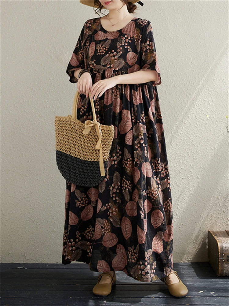 2025 New Summer Cotton Vintage Casual Loose Print Dresses For Women Short Sleeve Dress Femme Robe Vestidos Elegant Long Clothing