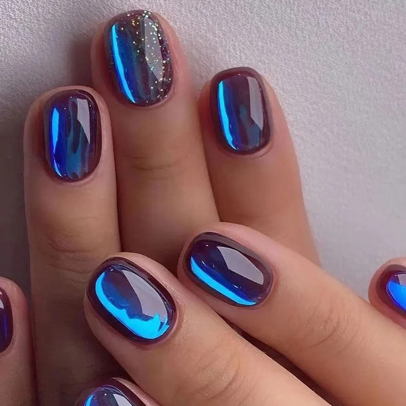 Aurora 24 pièces paillettes bleu presse sur ongles avec Design portable tête ronde faux ongles fini couverture complète faux_voghion.com