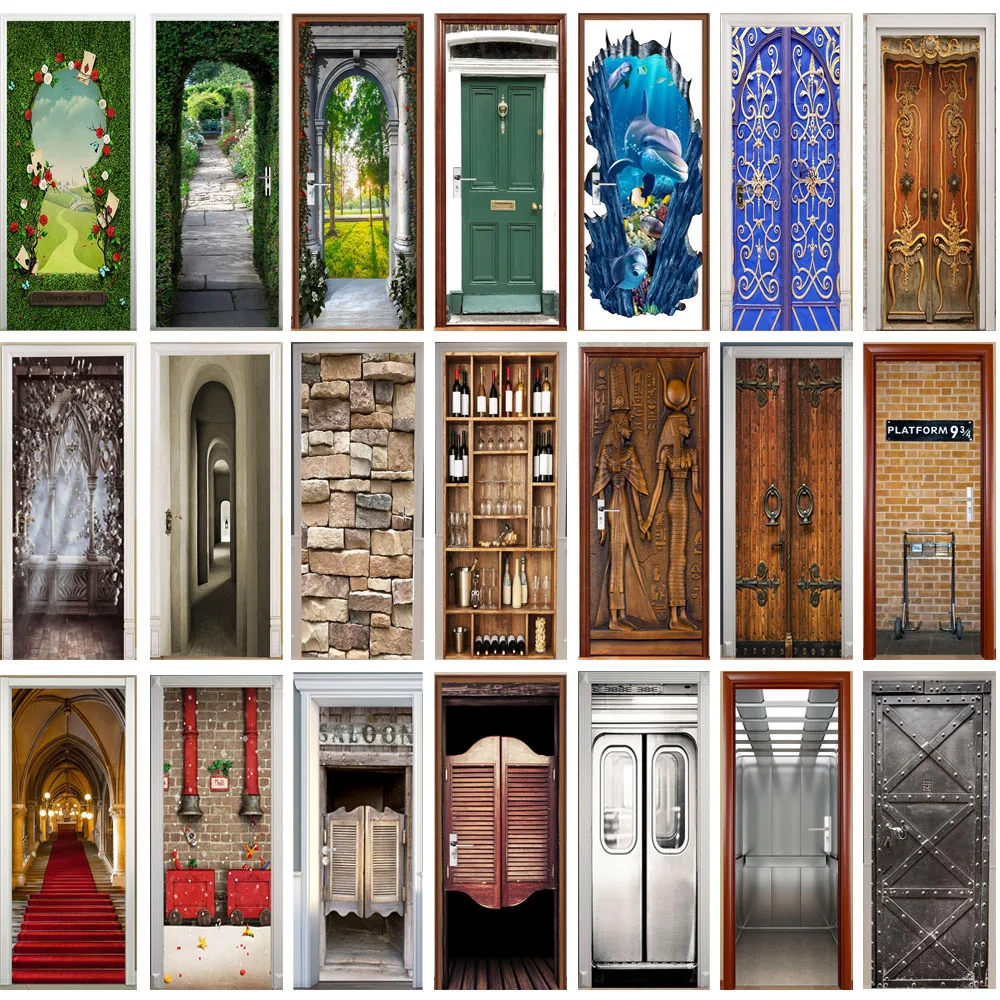 3D retro creative door stickers decorative wallpaper door bedroom waterproof decoration poster