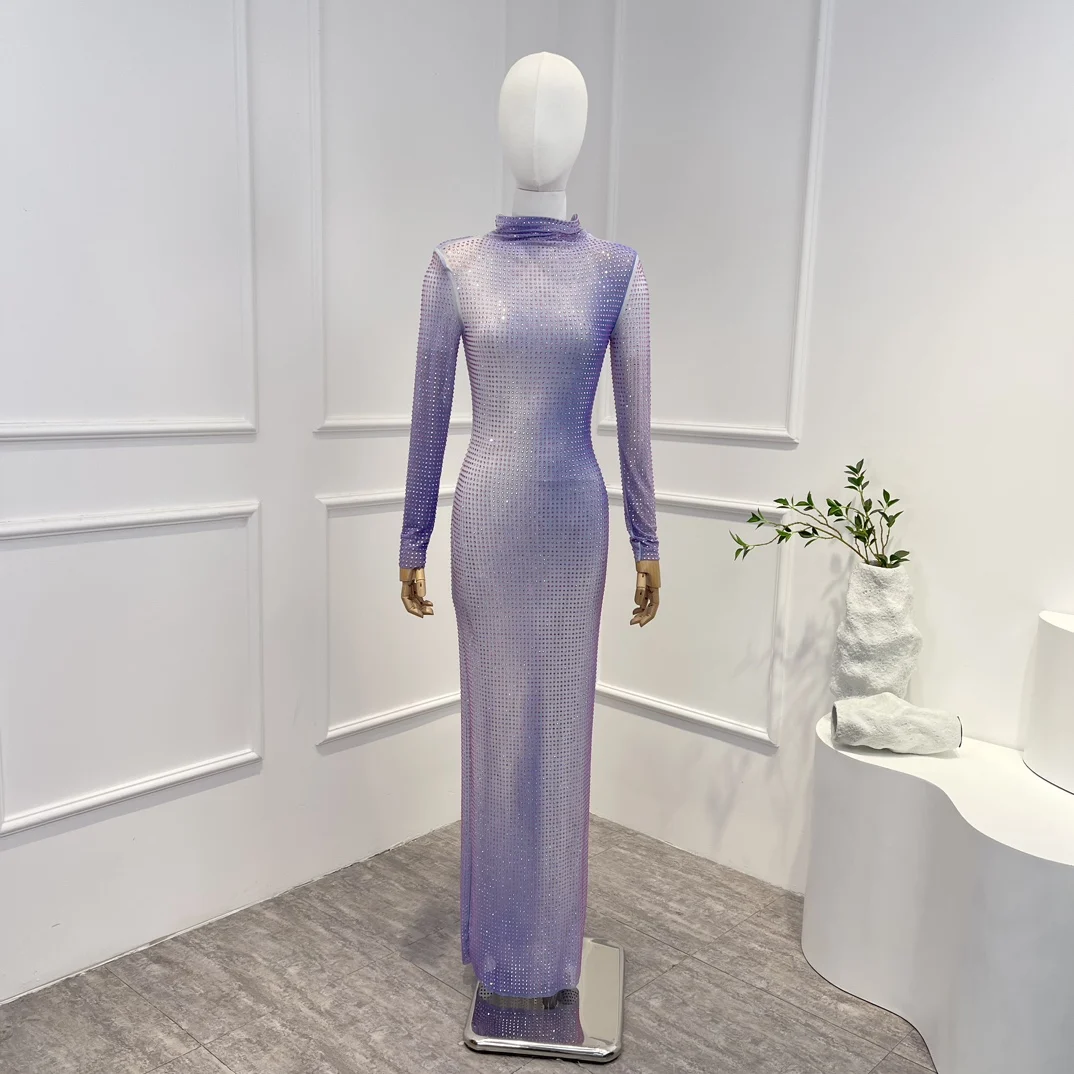 

New Purple 2023 Light Violet Spring Summer Luxury High Quality Turtleneck Long Sleeve Diamonds Woman Dress