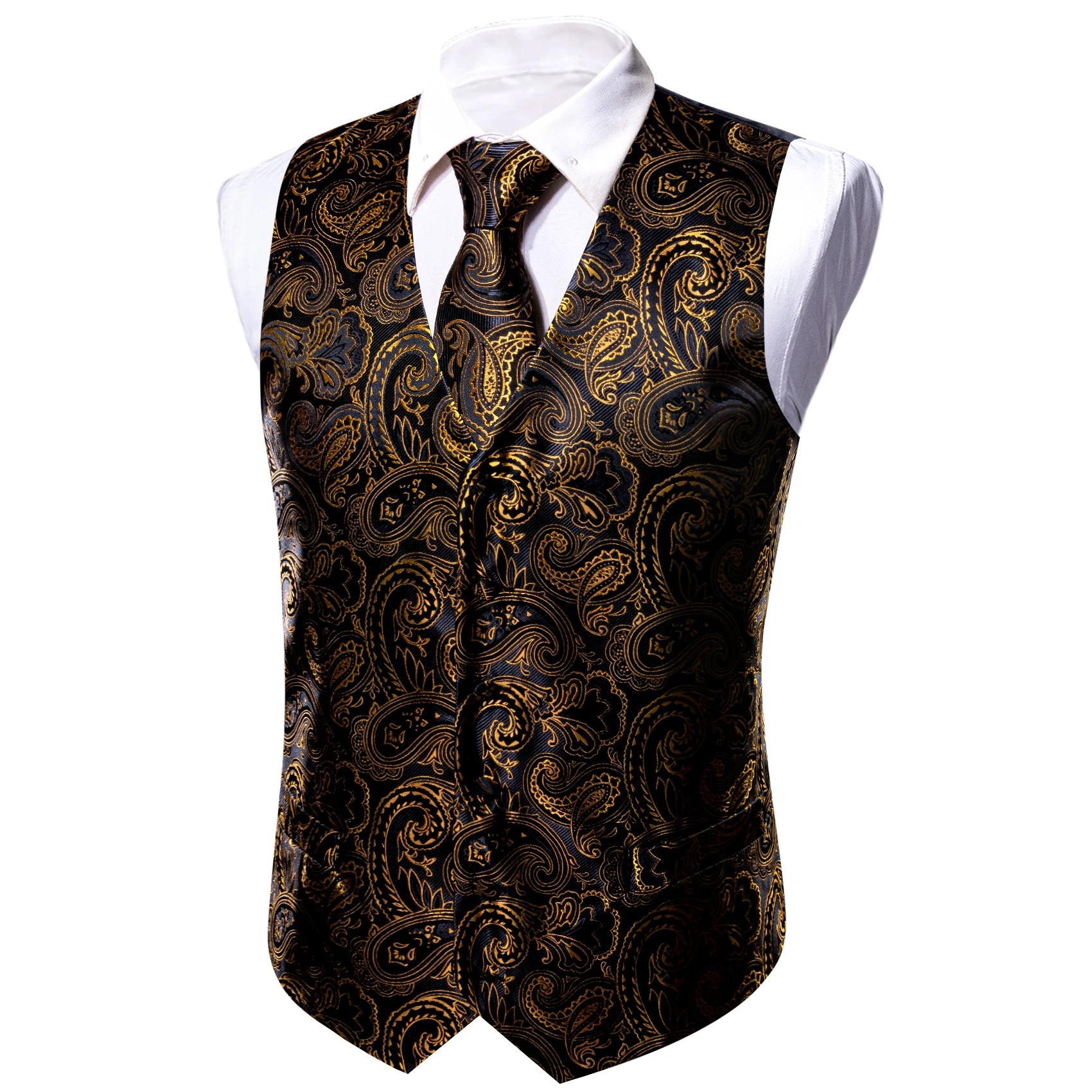 derby 302 VEST BLACK✖️GOLD size L Luxury Mens Vest Gold Black Yellow Paisley Flower Formal Suit