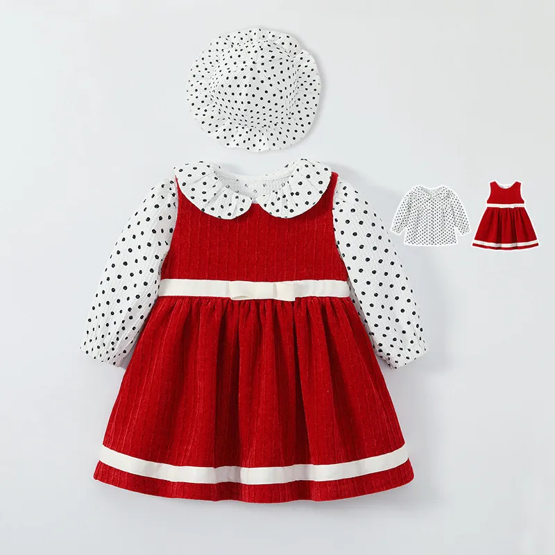 

3Pcs Spanish Baby Boutique Dress Girls Princess Vestidos Children Birthday Party Frocks Kids Dot Shirt Red Dreeses with Hat