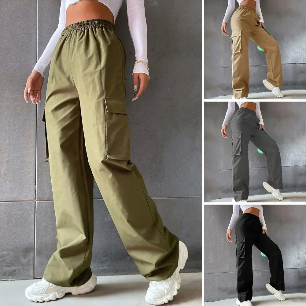 

Women’s Streetwear Cargo Pants Spring Elastic Waist Solid Color Pockets Wide Leg Trouser Female Casual Korean Joggers Sweatpants