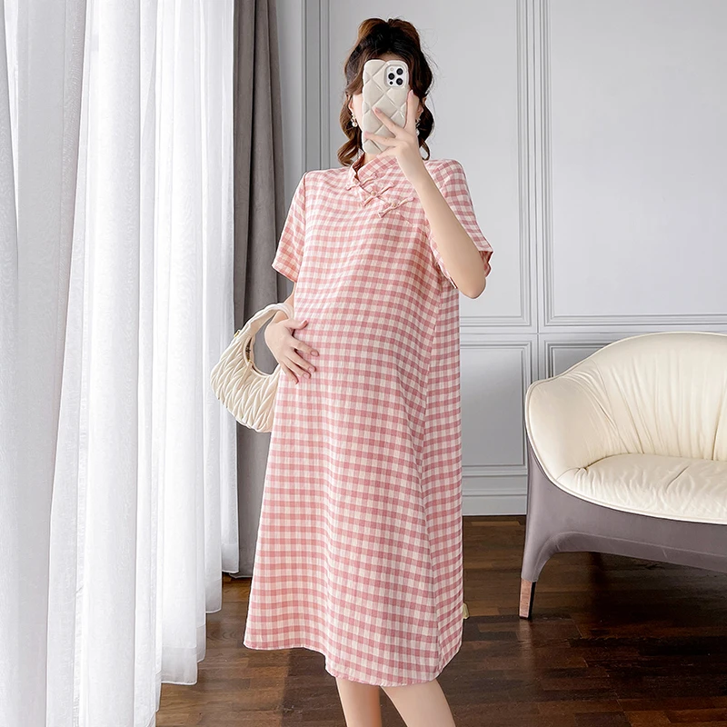 

Summer Improved Cheongsam Dress for Pregnant Women Short Sleeved Plaid A-Line Dress Elegant Maternity Chinese Style Dresses Slim