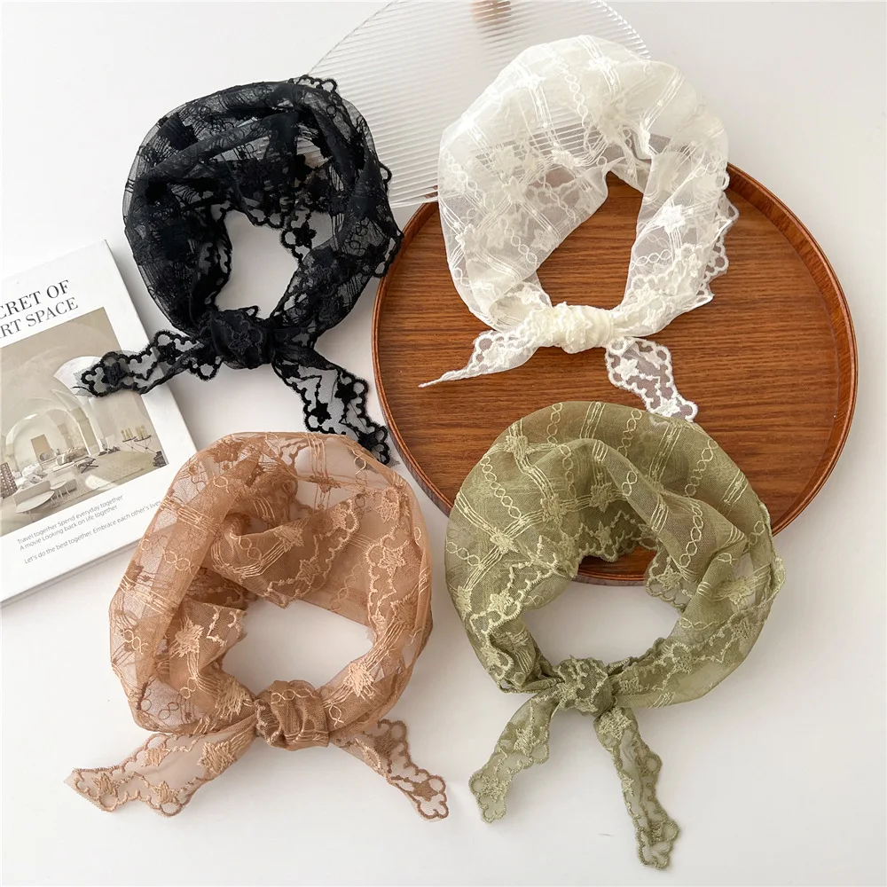 Stars Flower Small Scarf Transparent Floral Print Long Scarves Head Neck Neckerchief Headband Lace Triangle Hair Scarf Handmade printed scarf women scarves