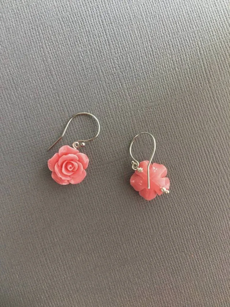 Jewelry Set Light coral rose necklace and earring set Pink rose earrings Pink necklace Salmon pink rose Light coral flower jewelry