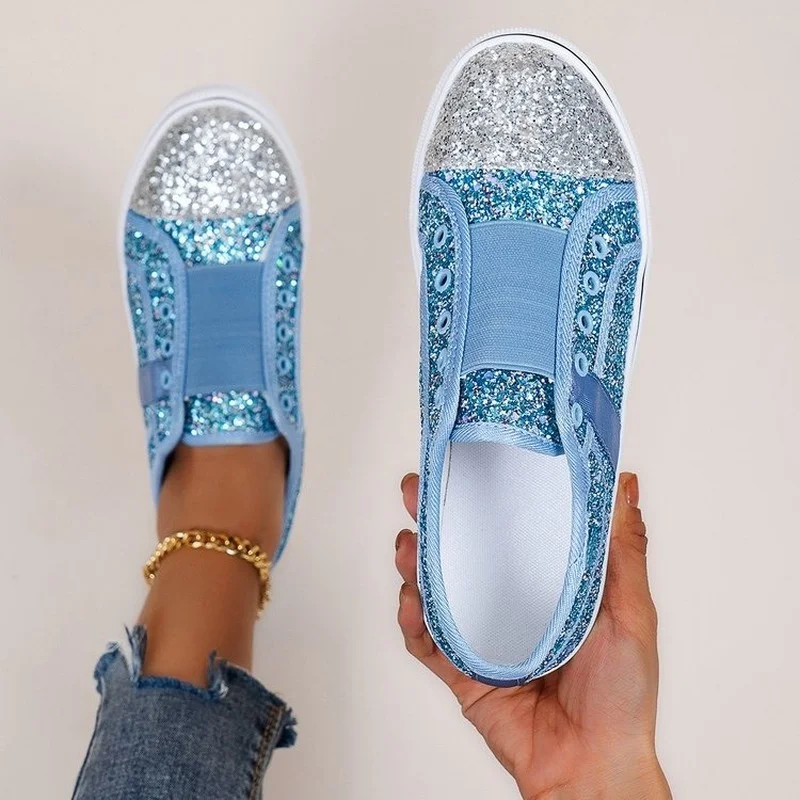 2022 New Women's Flats Bling Glitter Sneakers Women Vulcanize Shoes Female Breathable Flats Lace Up Casual Canvas Shoes