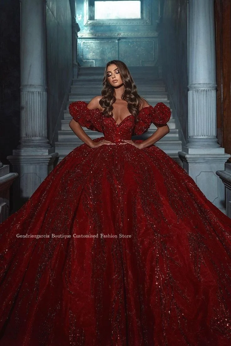 Sparkling Cathedral Train Princess Quinceanera Dresses Luxurious V Neck Bubble Sleeve Sequin Beaded Customised abti da cerimonia