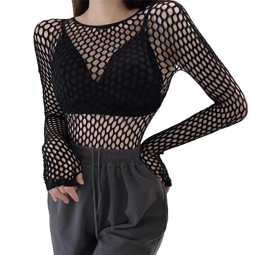 Womens Sexy Mesh Long Sleeve Fishnets Tops Fun Fashion Slim Fit Tops Hollow Out See Through Loose Female T-shirts Crop soft Top