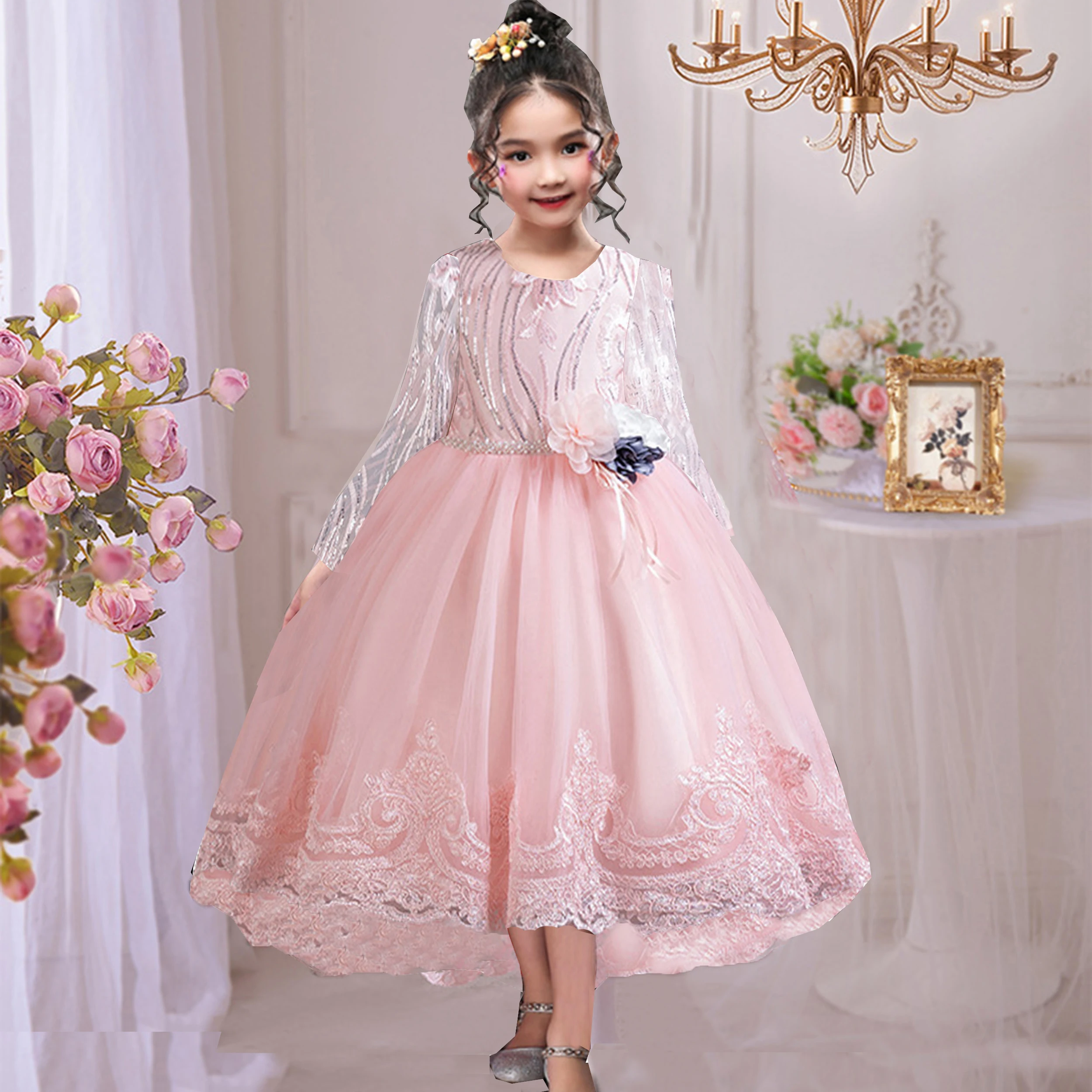 WG 1-9 Years Old Flower Girl Kids Shiny Sequin Brathday Baby Princess Dress For Party