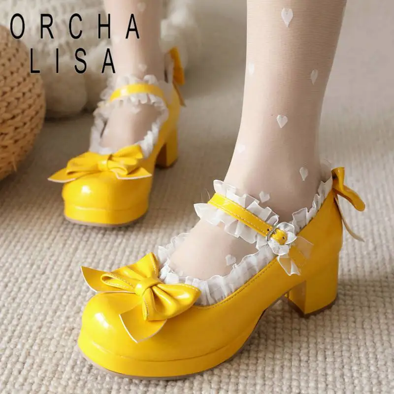 

ORCHA LISA Lolita Pumps For Women Round Toe Block Heel 5cm Platform 1.5cm Buckle Strap Bowknot Lace Sweet Girls Big Size 48