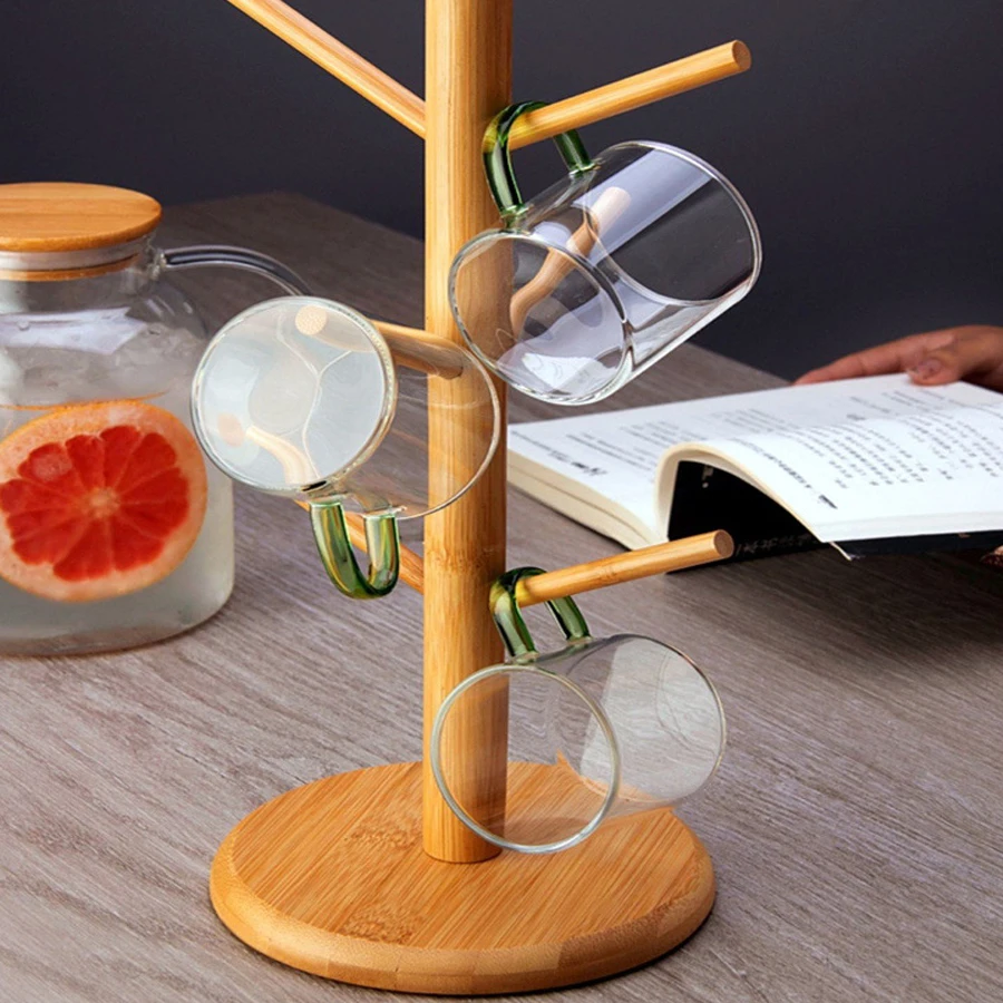 1PCS Multifunctional Bamboo Storage Rack Entryway Key Mug Drainage Shelf Storage Coffee & Tea Cup Holder Glass Mug Hanging Shelf 4