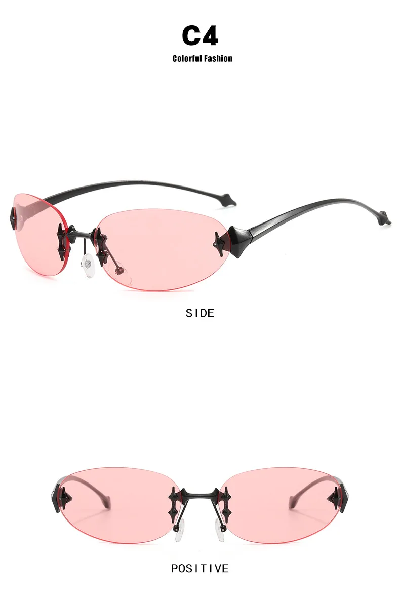 Y2K rimless elliptical fashion sunglasses with tinted lenses
