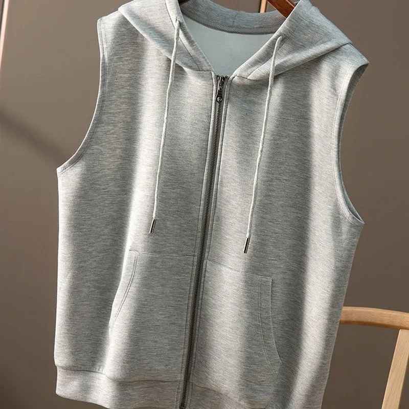 Women's Hooded Sweater Vest Spring Autumn Sleeveless Sports Top Korean Fashion Coat Cotton Cardigan Leisure Loose Solid Color