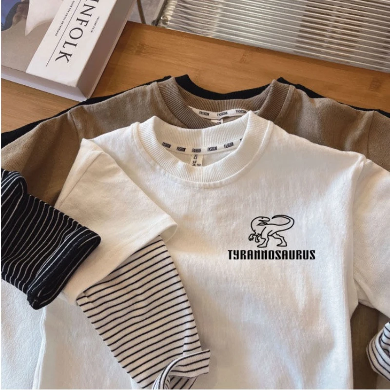 2025 Spring and Autumn Children's Long Sleeve Tees Fake Two Piece Girl's Sweatershirt 1-7Y Boys Casual Loose Pullover Dino Tops 5