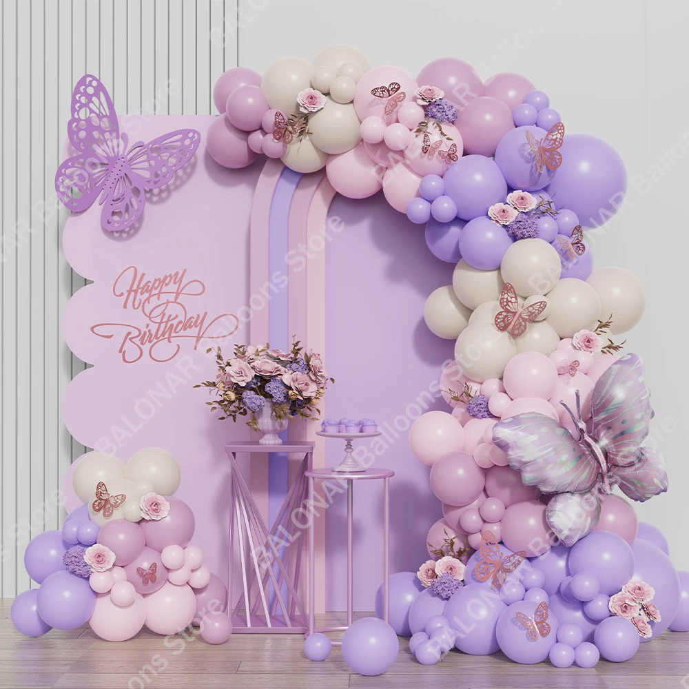 137/138pcs Gradient Pink Purple Butterfly Balloons Garland Arch Girl Butterfly Birthday Party Baby Shower Wedding Decor Globos