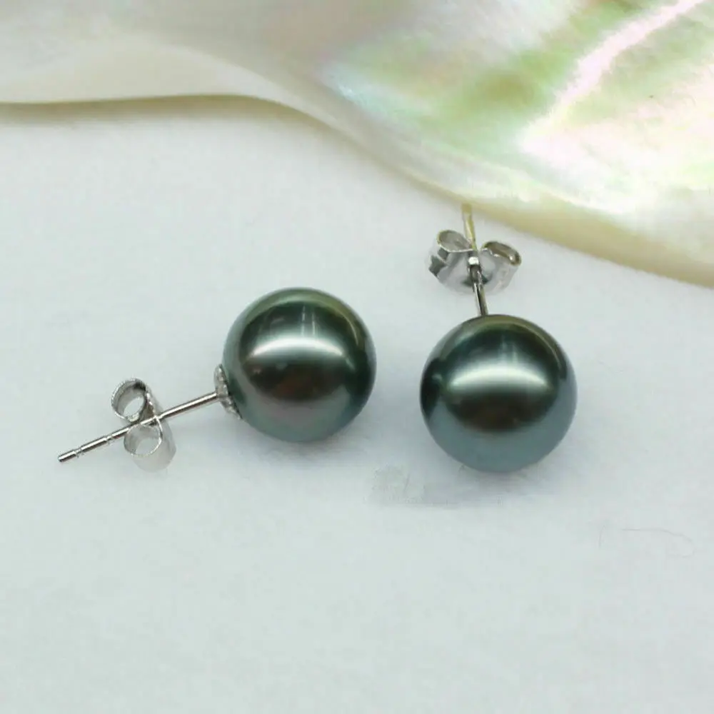 New 7-8mm AAA Black Green Round Natural Tahiti Pearl Earrings 14k wHITE Gold Earrings