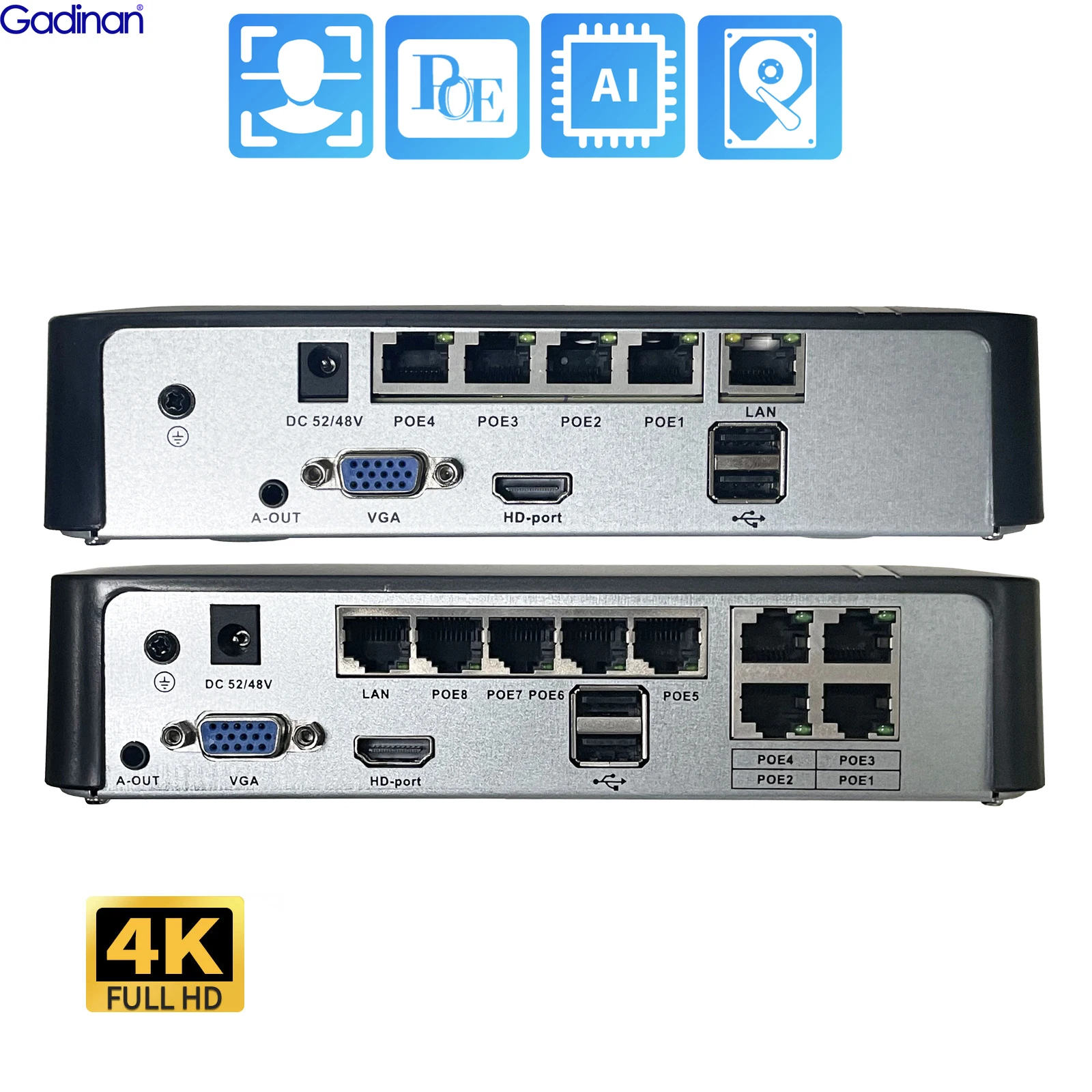 Network Video Recorder Gadinan Face Detect H.265AI 8CH 4CH 4K 8MP 5MP POE NVR Audio Out Security Surveillance Videcam Network Video Recorder XMeye