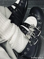 Gothic Punk Style Double Buckle Rivet Pumps Women Round Toe Skull Cute Flat Bottom Mary Jane Ballet Shoes 2025 New Leather Shoes 1