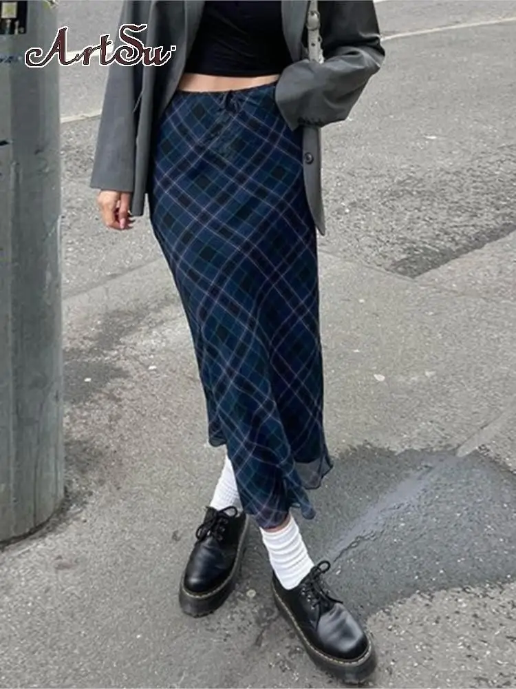 

ArtsuPlaid Y2k Fashion Midi Skirts Elegant Female Clothing Gothic High Waist Casual Long Skirt Women Kwaii Cute Streetwear