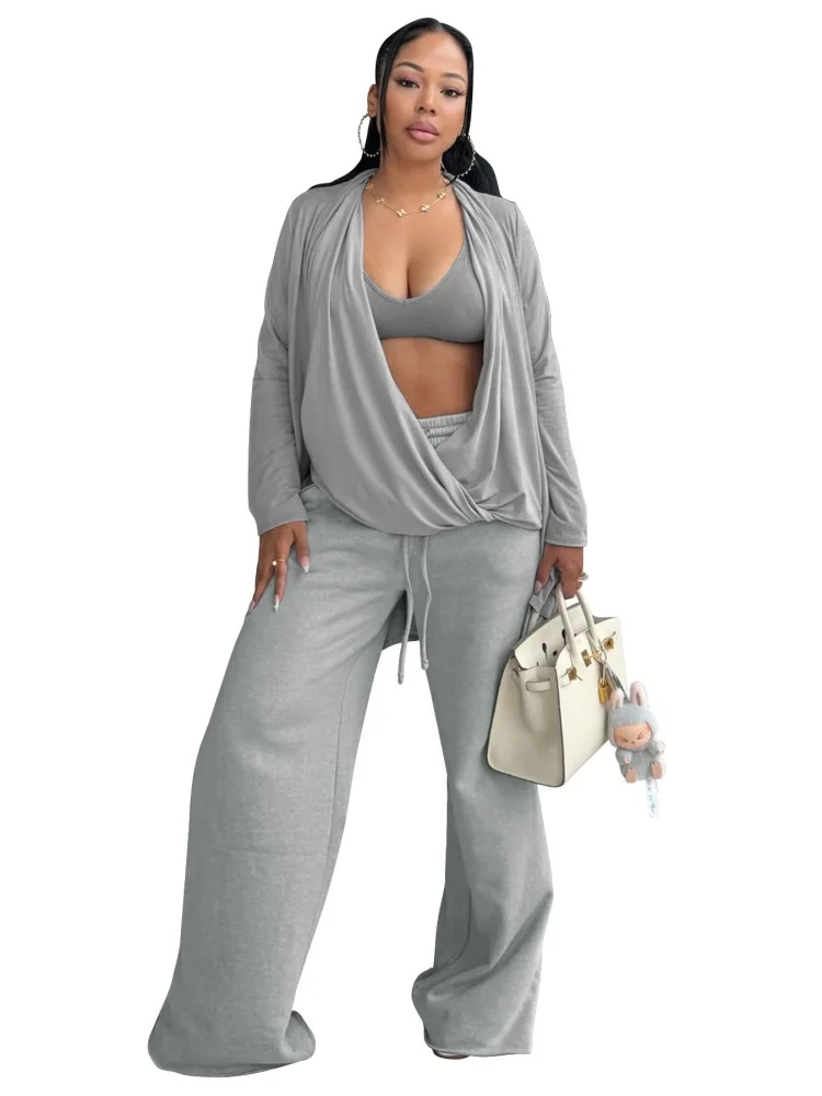 Wmstar Three Piece Set Women Wholesale Sexy Sleeveless Top Long Sleeved Coat Wide Leg Pants 2025 Summer Vacation Outfit