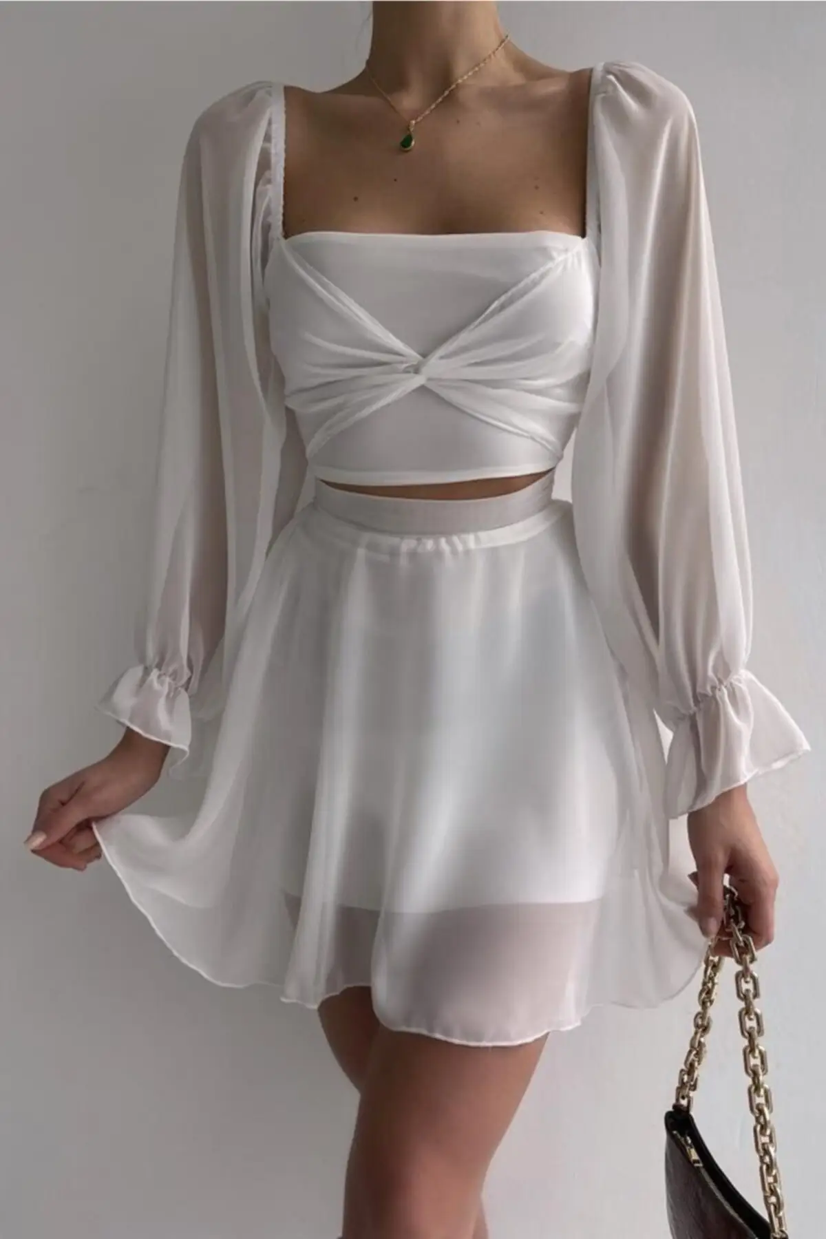 

Women's White Waist Detailed Tulle Dress 0990-212045 Mini Clothing