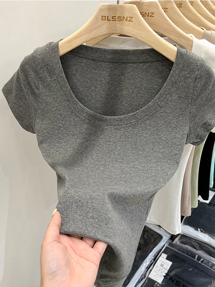 2026 Sexy Quadratischer Ausschnitt Slim T-Shirt Damen Baumwolle Elastisch Basic Einfarbig Lässige Oberteile Kurzarm Dünne T-Shirts Transparent