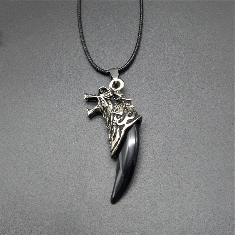 Punk Resin Wolf Tooth Pendant Wolf Head Leather Rope Chain Necklace for Men Women