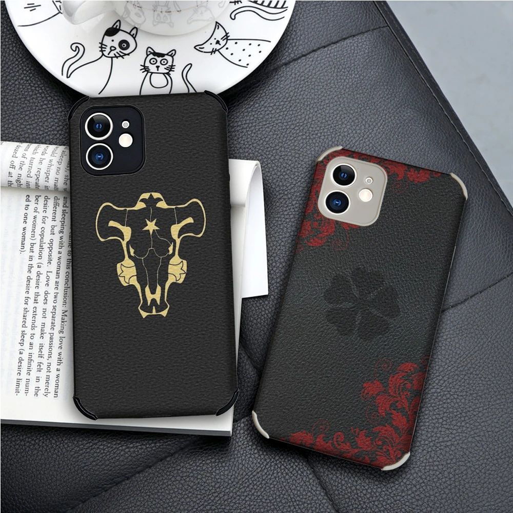 Lambskin Black Clover Four-Corner Shockproof Phone Case for IPhone 13 12 11Pro Mini XR X XS Max 7 8 Plus SE 2020 Soft Cover iphone 13 phone case