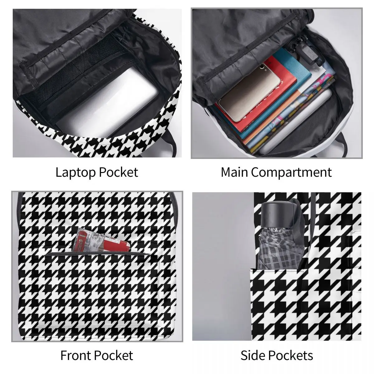 Black And White Houndstooth Backpack Abstract Design Women 